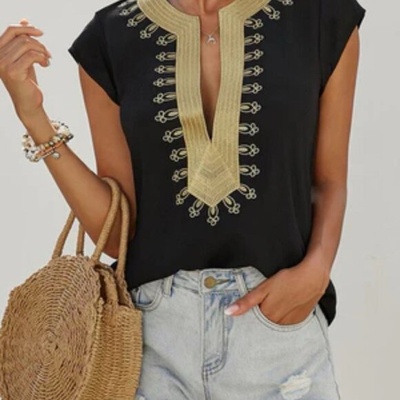 Black Short Sleeve Blouse Top Gold Embroidery Cover Up Tribal African - Picture 1 of 7